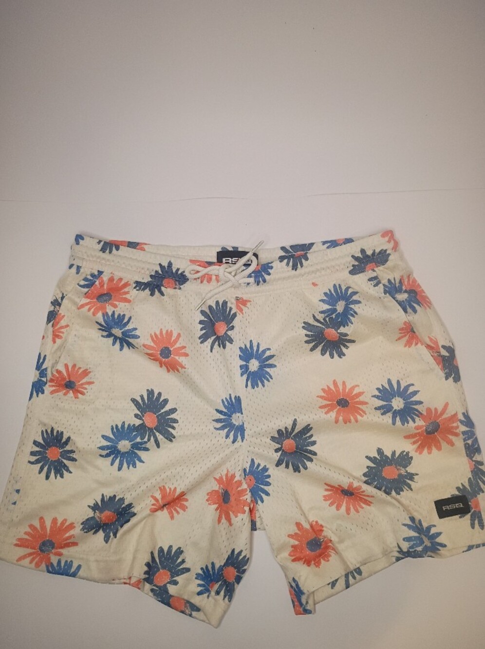 RSQ Men’s Cream Swim Trunks with Blue & Coral Daisy Print